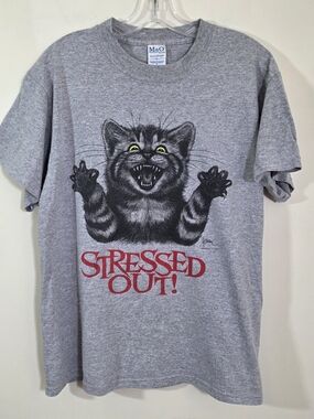 M&O Vtg 90s Gray 'Stressed Out!' Cat Graphic Tee for Pets Cat Lovers Size M
